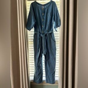 NWOT Free People Marley belted tie waist lightweight puddle leg Denim Jumpsuit